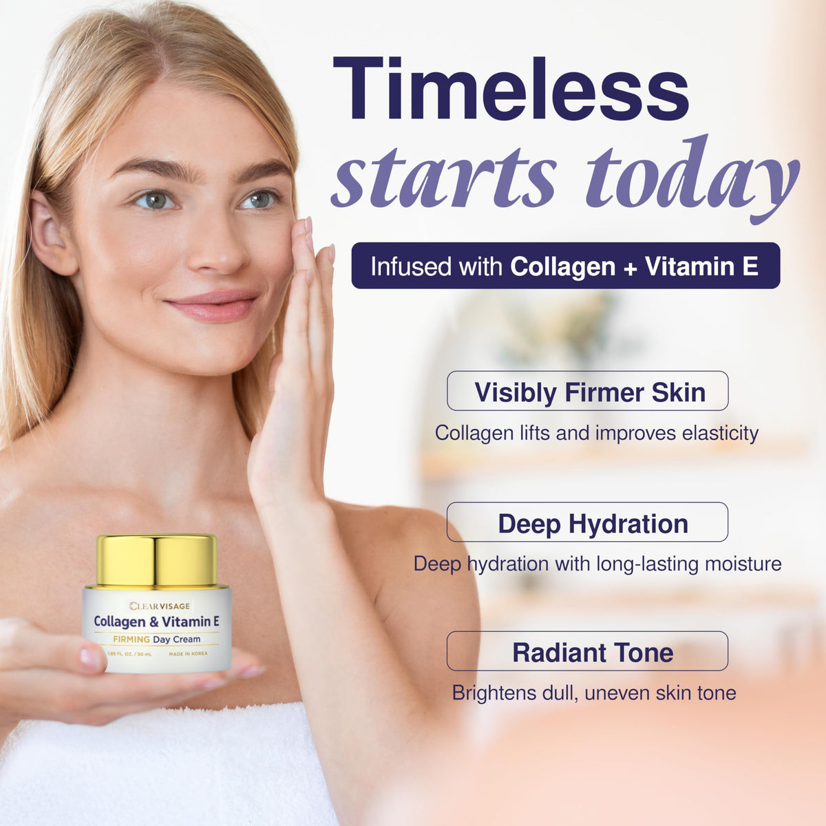 Clear Visage bottle label detail, highlights dermatologist‑tested clean formula