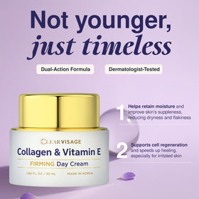 Clear Visage ingredient collage featuring collagen and vitamin E benefits