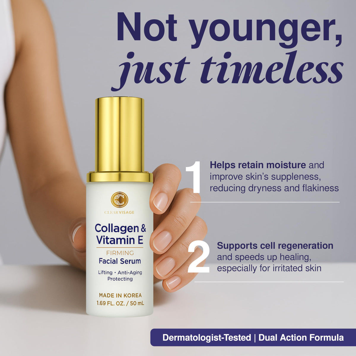 Clear Visage pump dispensing clear serum highlighting controlled application benefit