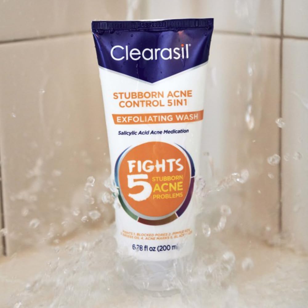 Close view of key ingredients on Clearasil label highlighting acne-targeting action