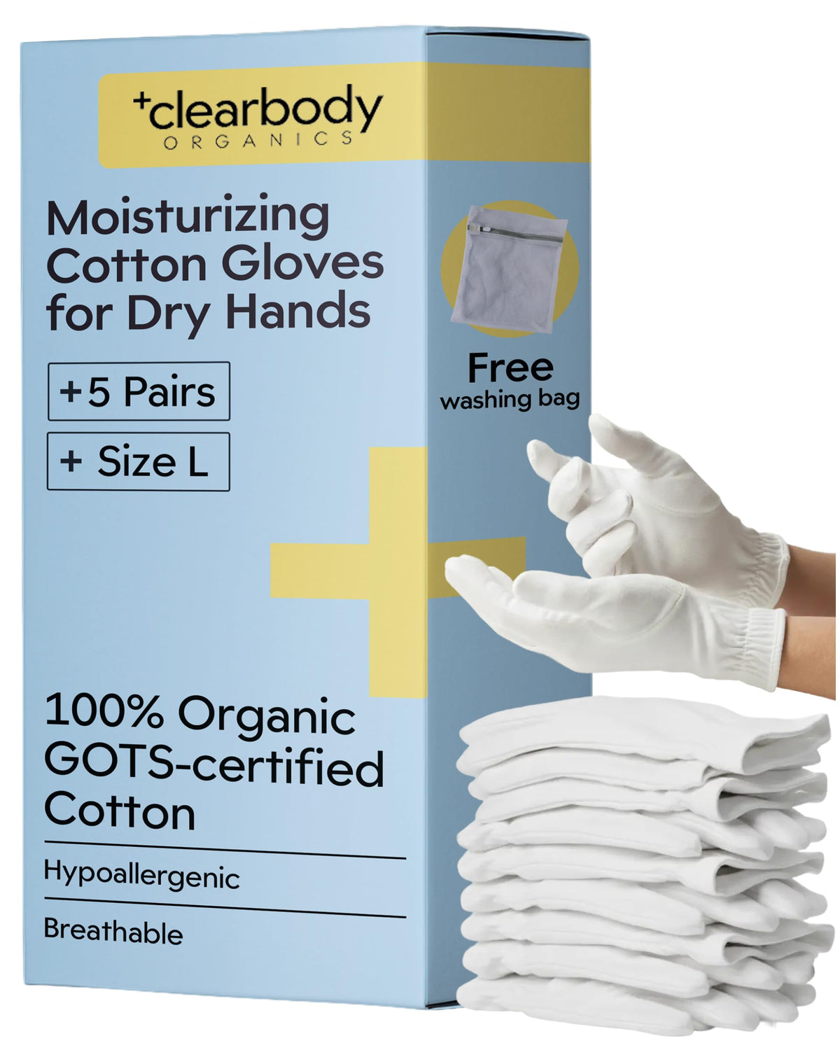Clearbody Organics front packaging showing five pairs and product benefit