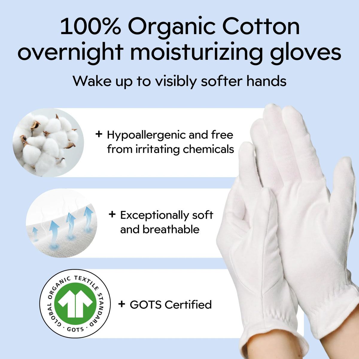 Clearbody Organics gloves pair flat to display thin breathable cotton for comfort