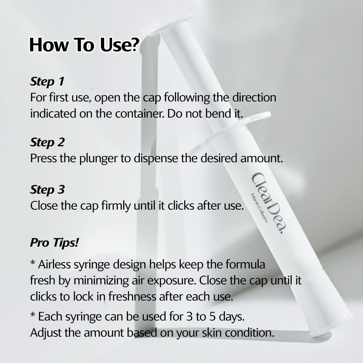 ClearDea ingredients label closeup showing collagen and mucin blend for firming support