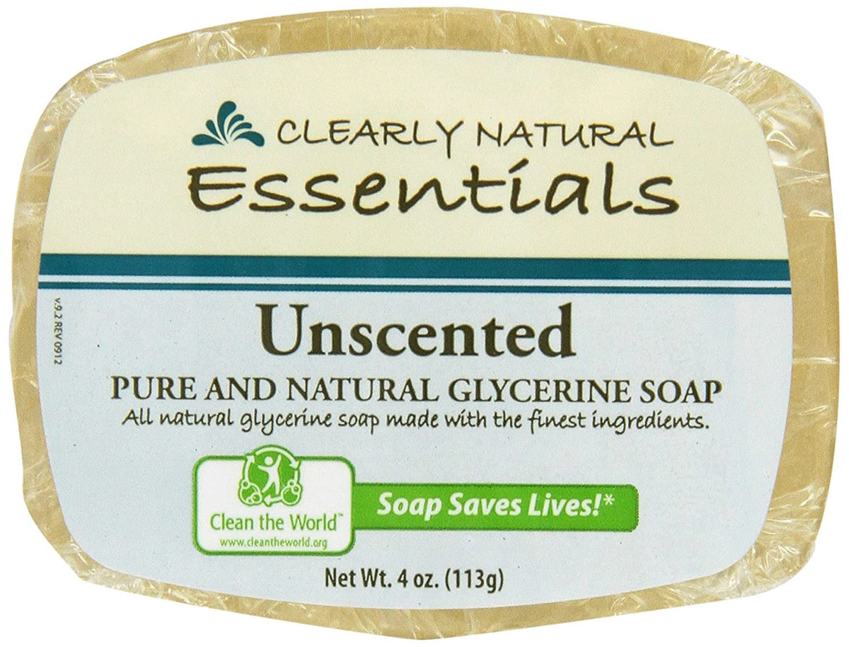 Clearly Natural front packaging showing six unscented glycerin bars and convenience