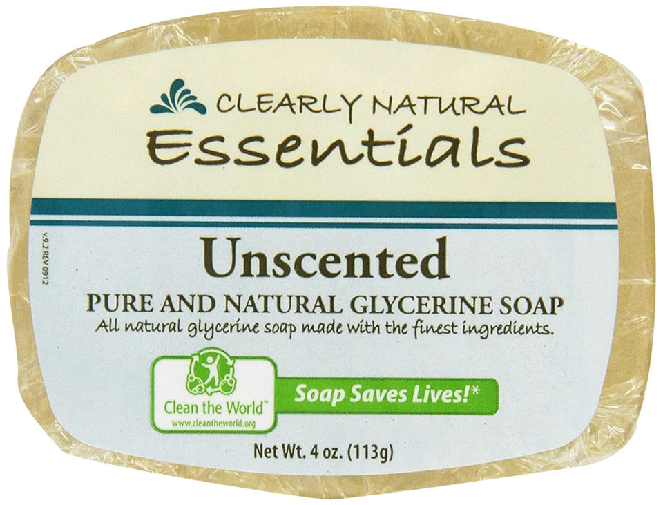 Clearly Natural front packaging showing six unscented glycerin bars and convenience