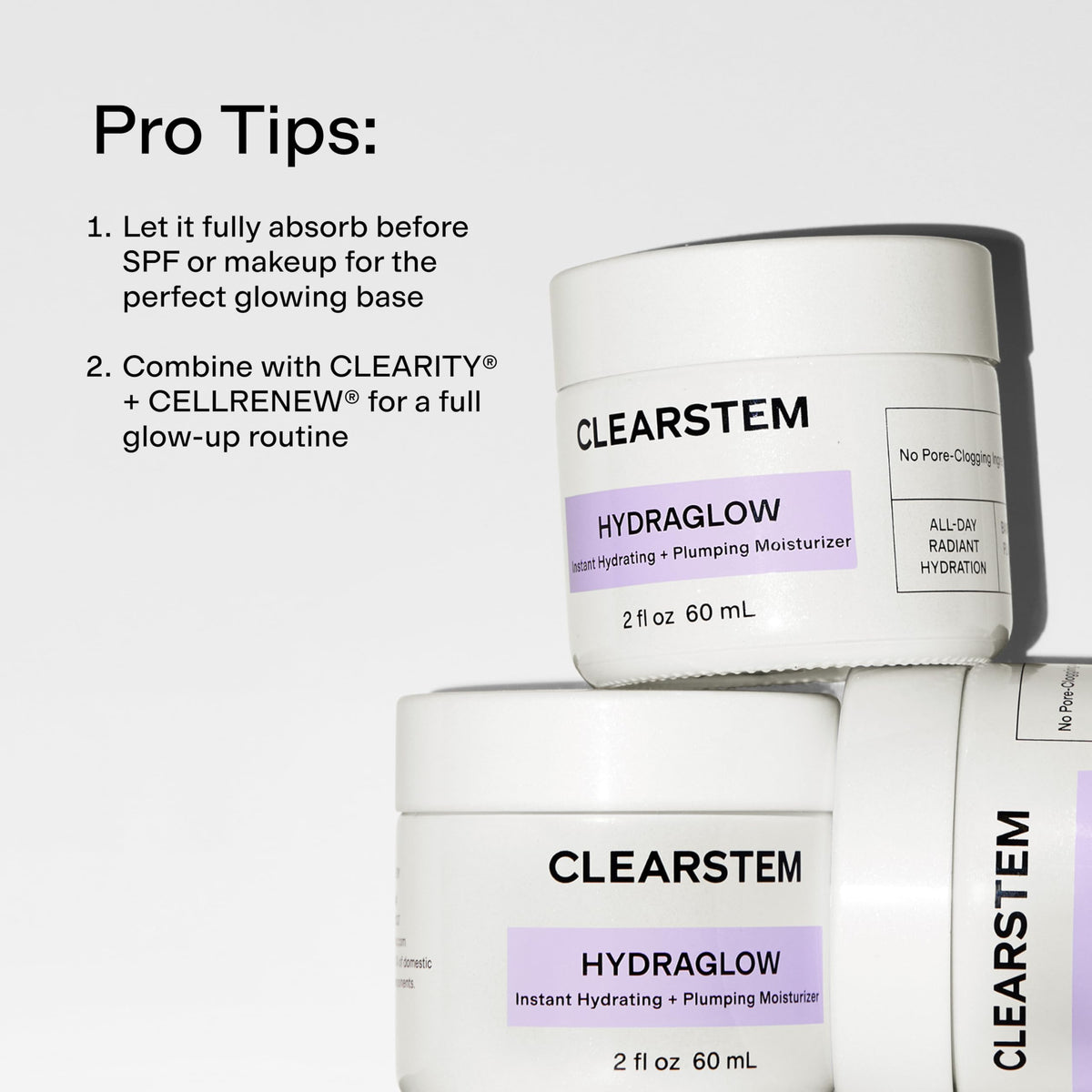 CLEARSTEM HYDRAGLOW being applied to cheek demonstrating hydration and calming benefit