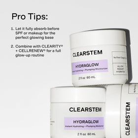 CLEARSTEM HYDRAGLOW being applied to cheek demonstrating hydration and calming benefit
