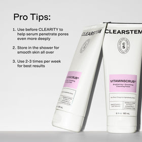 CLEARSTEM ingredients display with bamboo, green tea, and vitamin C benefits