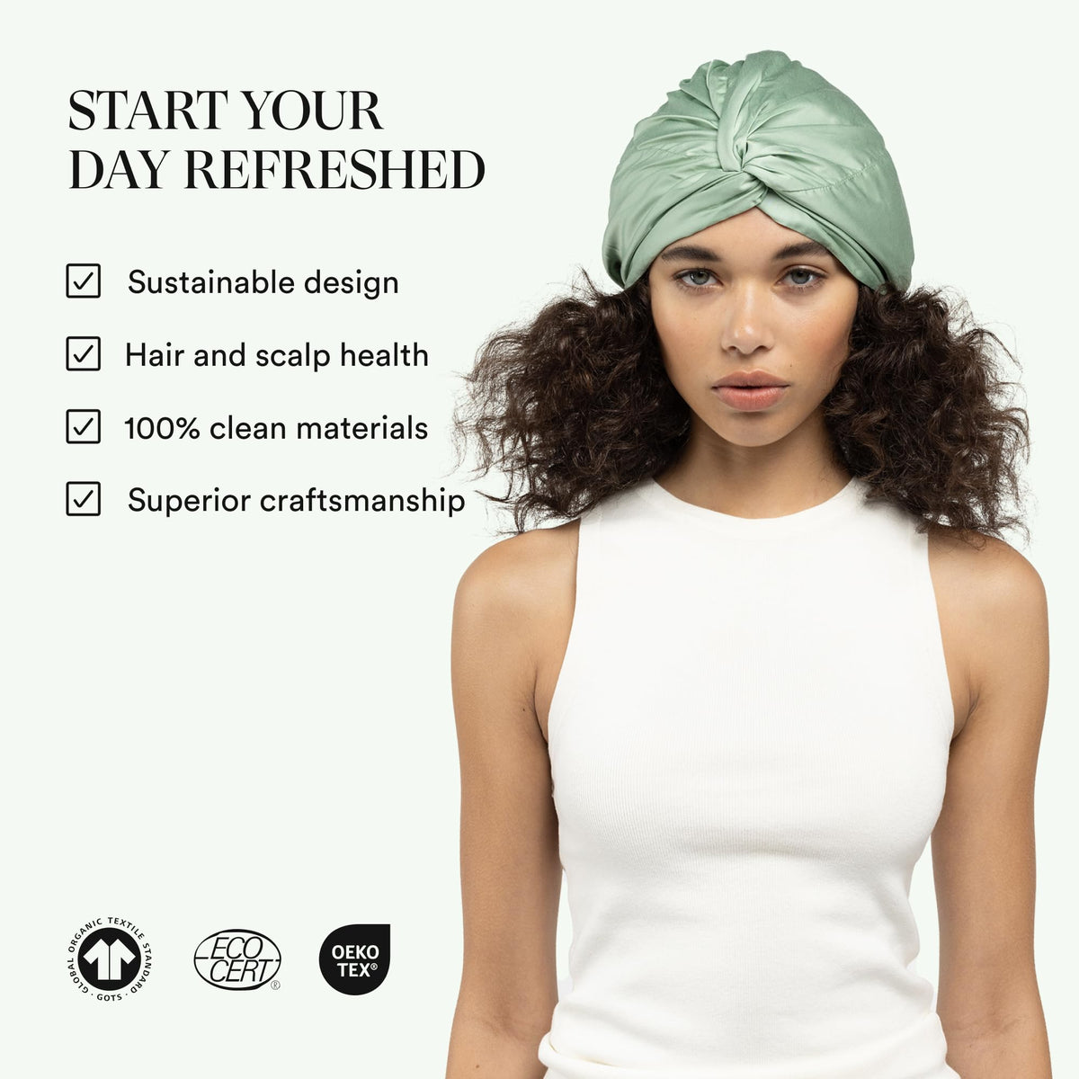Clementine model wearing bonnet preserving curls and reducing frizz while sleeping