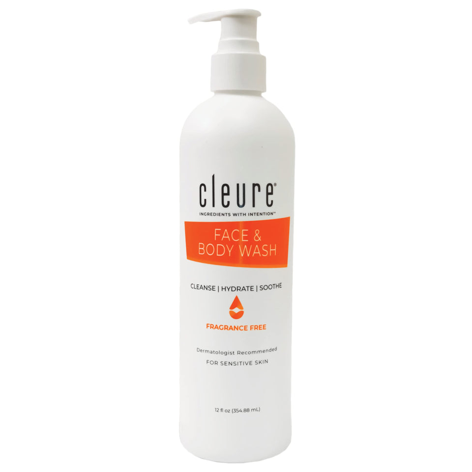Cleure front bottle 12 oz showing simple packaging and gentle cleanser
