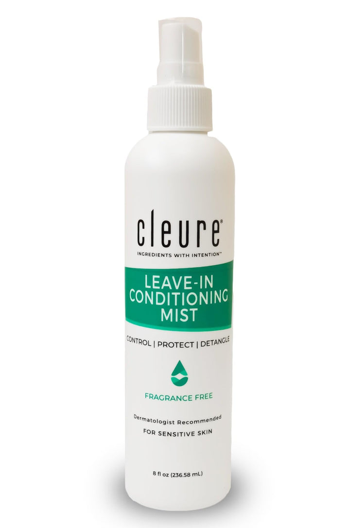 Cleure front packaging of unscented leave-in spray showing bottle and label benefits