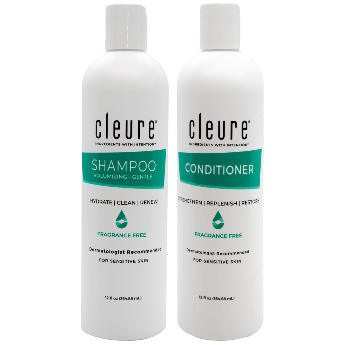 Cleure front packaging showing hypoallergenic shampoo and conditioner for gentle cleansing