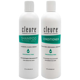 Cleure front packaging showing hypoallergenic shampoo and conditioner for gentle cleansing