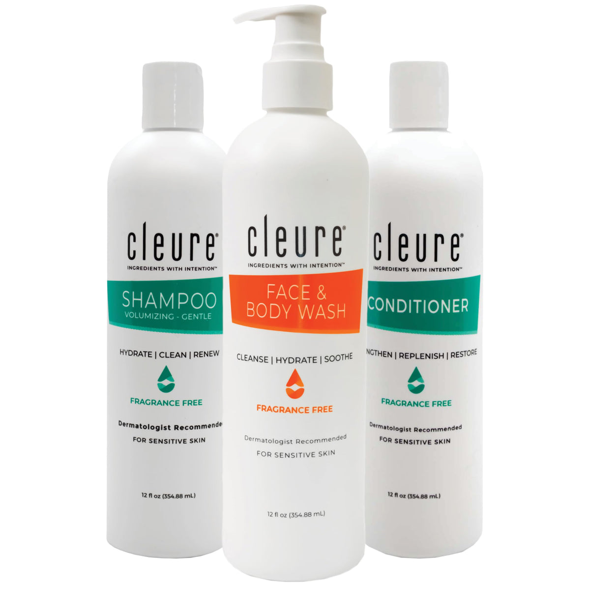 Cleure front packaging showing three 12 oz bottles for gentle routine