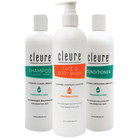 Cleure front packaging showing three 12 oz bottles for gentle routine