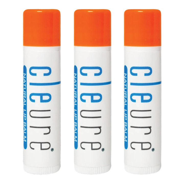 Cleure front packaging showing three small lip balm tubes for easy hydration