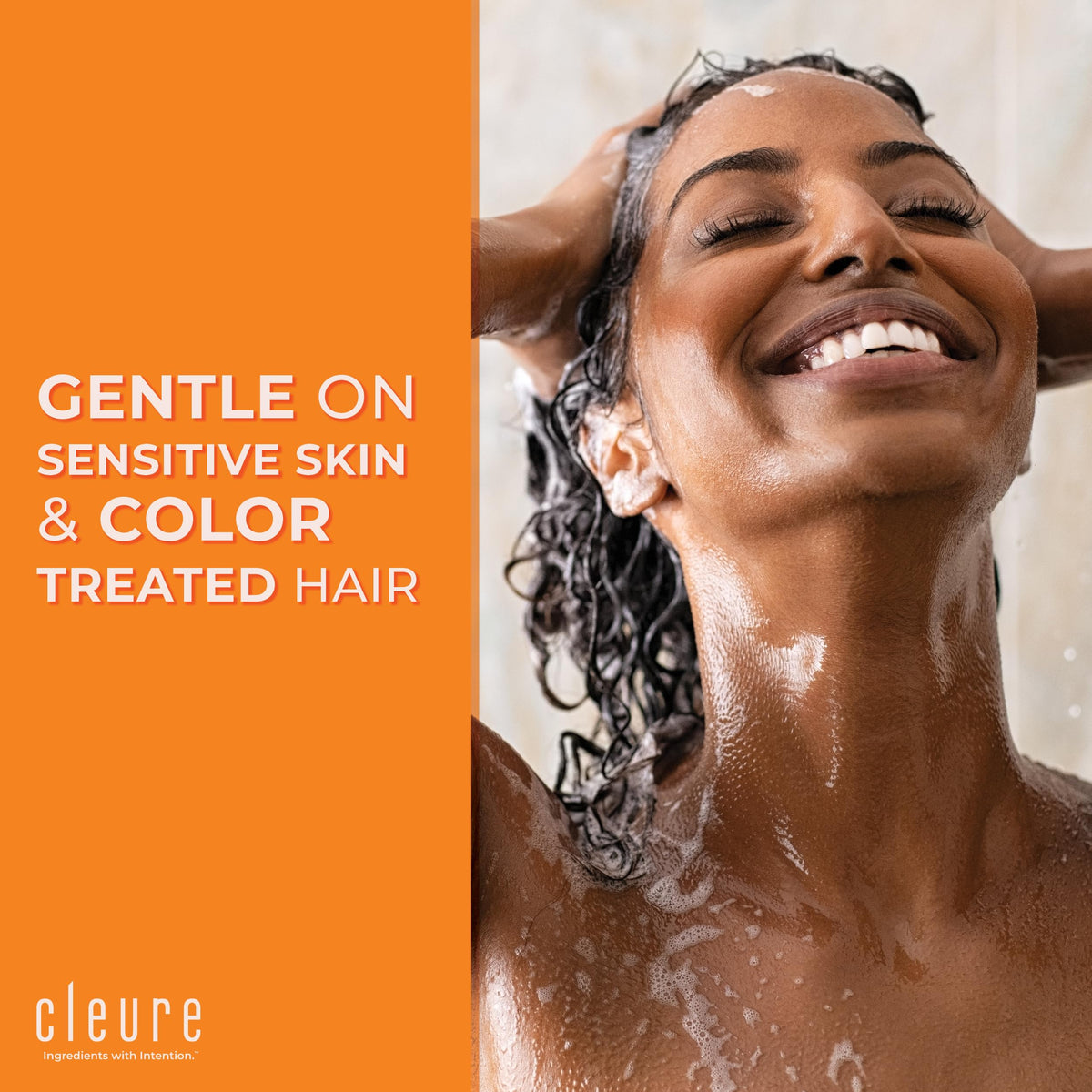 Cleure bottles in bathroom with wet hair demonstrating gentle scalp care