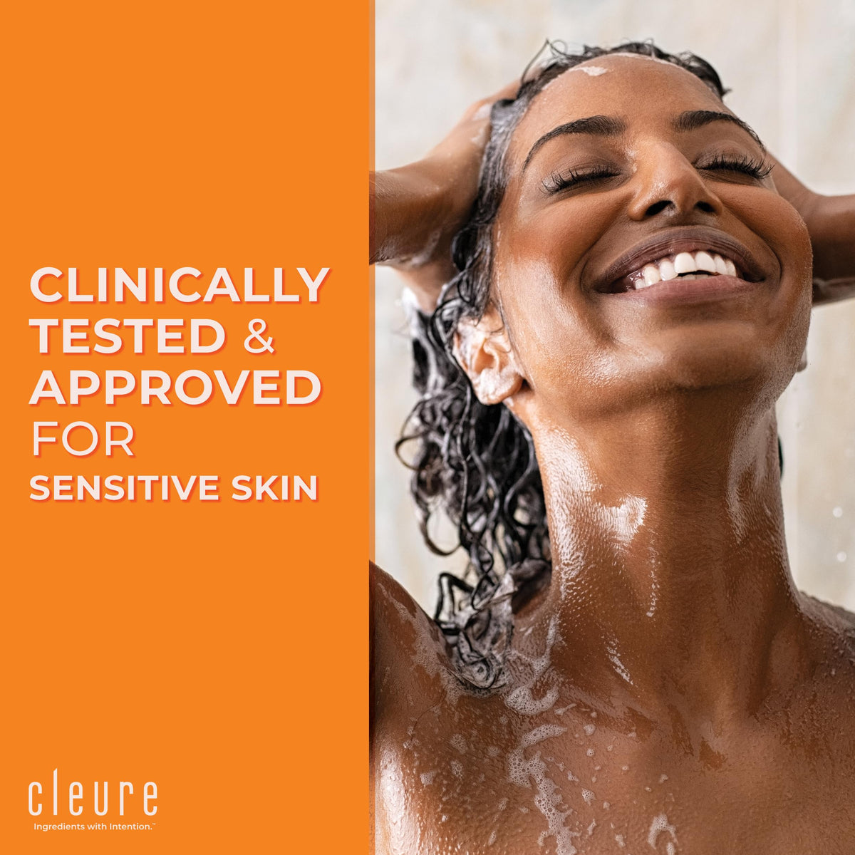 Cleure in-use during shower with scalp lather for soothing cleanse benefit