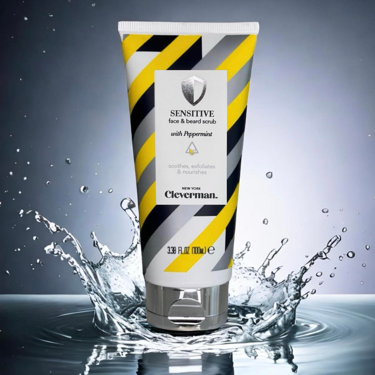 CLEVERMAN scrub applied to beard demonstrating gentle cleansing