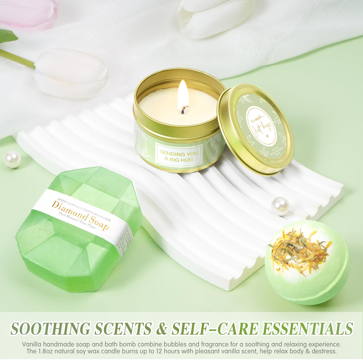 Clexela vanilla soy candle lit to illustrate calming scent and mood setting
