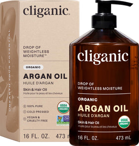 Cliganic argan oil 16oz front view showing pump, convenient dispensing