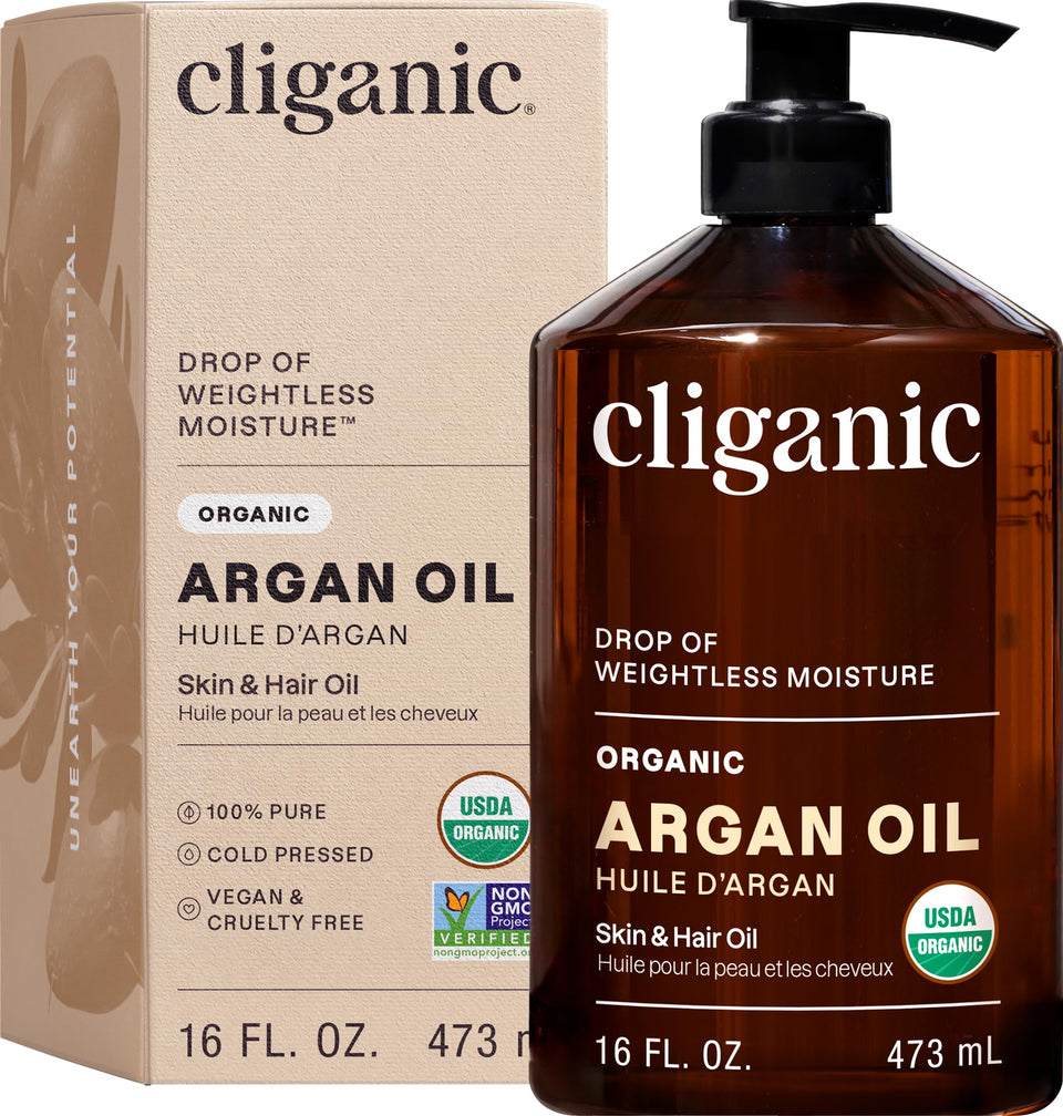 Cliganic argan oil 16oz front view showing pump, convenient dispensing