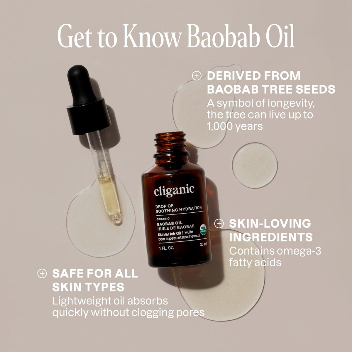 Cliganic dropper dispensing oil highlighting purity and precise application benefit