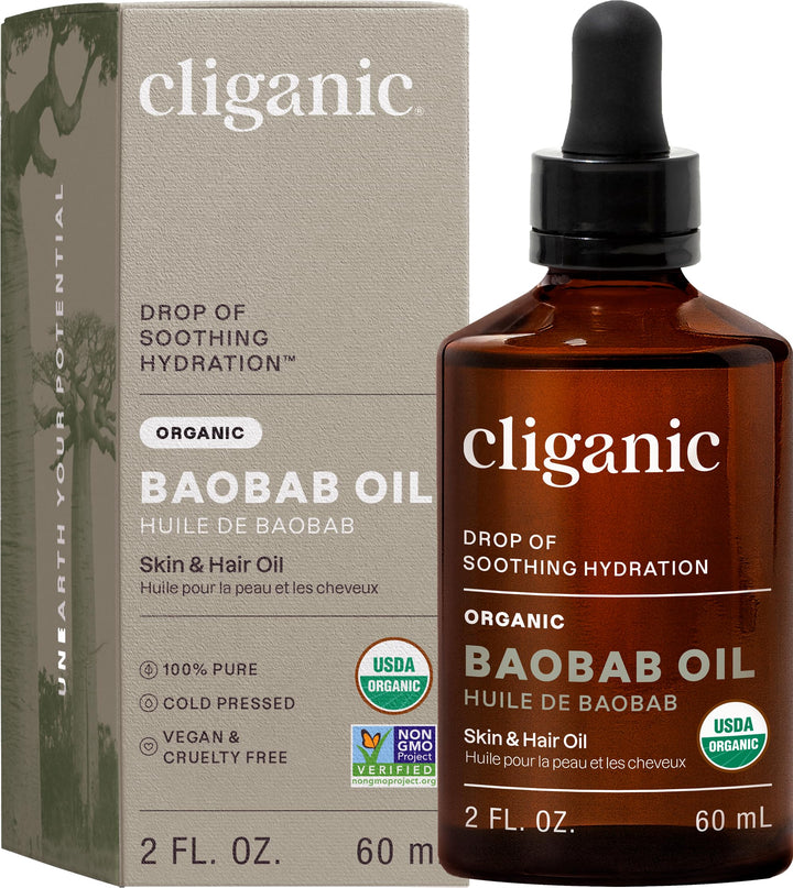 Cliganic front packaging showing organic baobab oil for clean skincare benefit