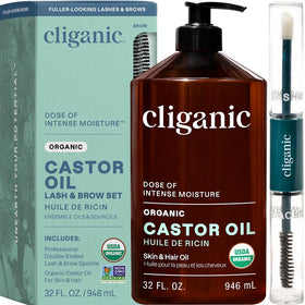 Cliganic castor oil front packaging showing 32oz bottle and label benefits