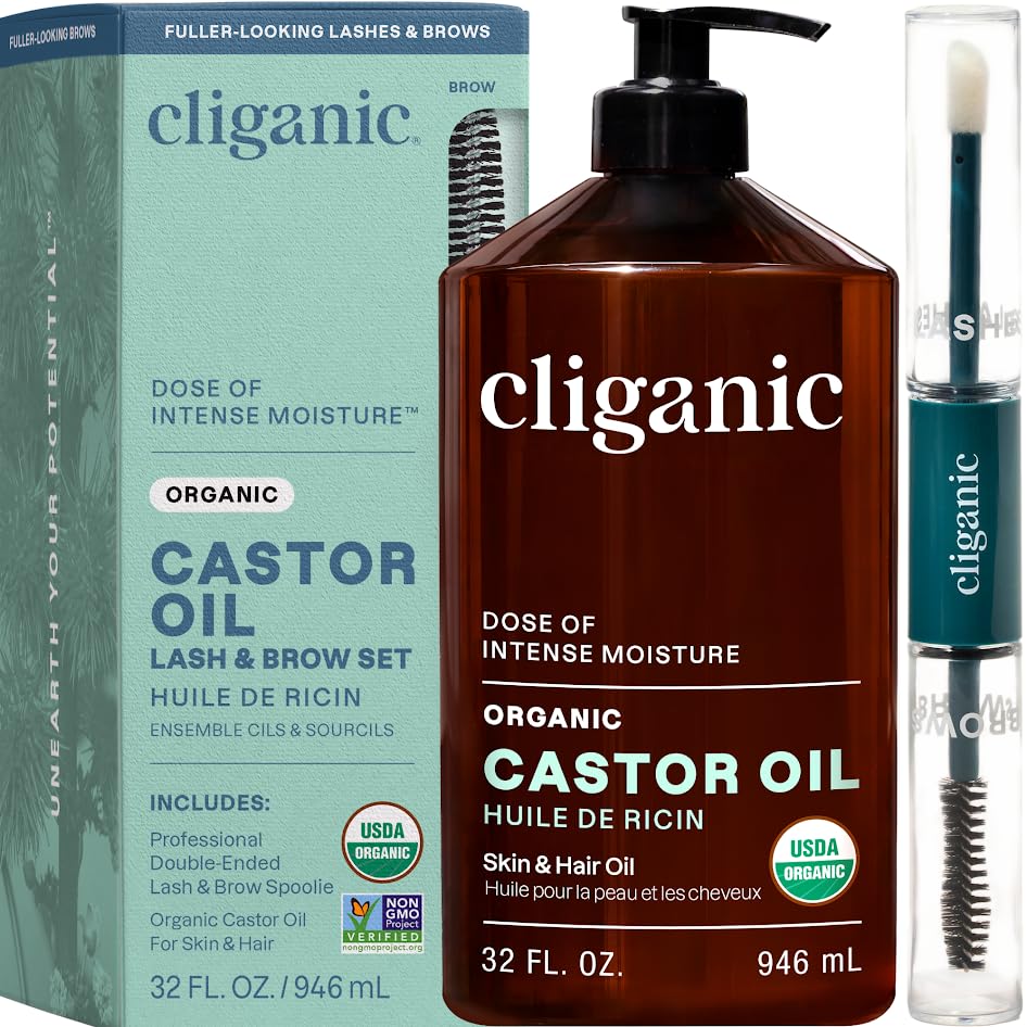 Cliganic castor oil front packaging showing 32oz bottle and label benefits