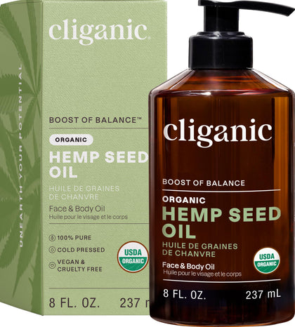 Cliganic front bottle showing label and organic hemp seed oil benefits