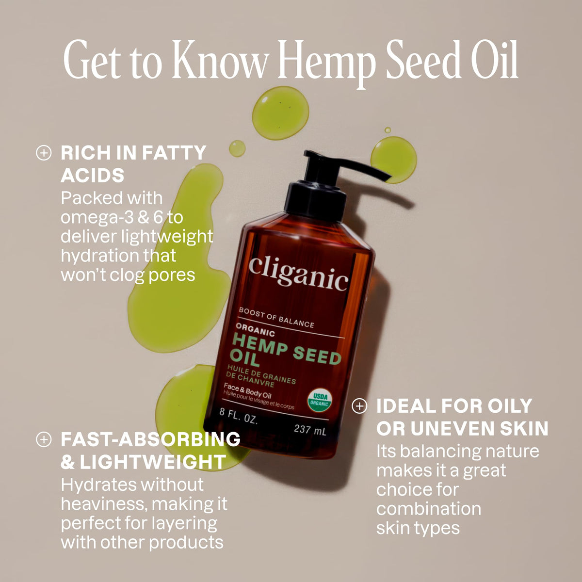 Cliganic pouring a drop of hemp seed oil to show purity and absorption