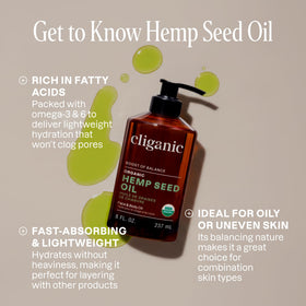 Cliganic pouring a drop of hemp seed oil to show purity and absorption
