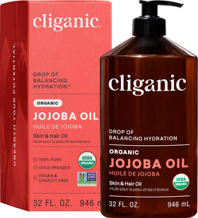 Cliganic jojoba oil front bottle showing full 32 oz and pump for convenience