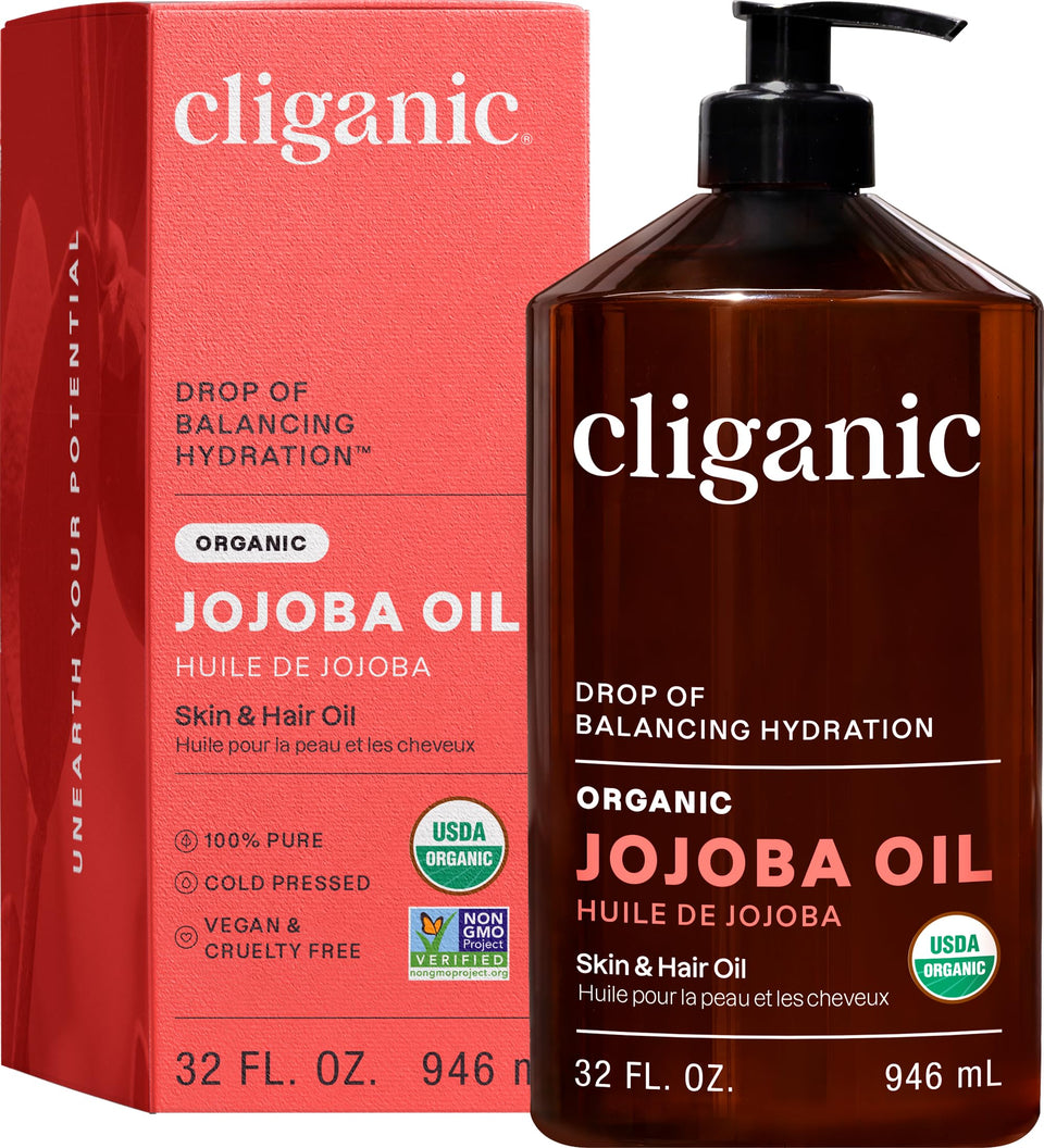 Cliganic jojoba oil front bottle showing full 32 oz and pump for convenience