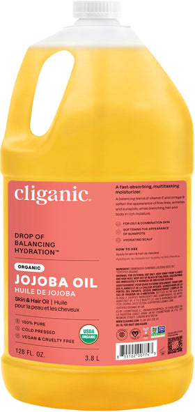 Cliganic jojoba oil gallon front label showing organic certification benefits