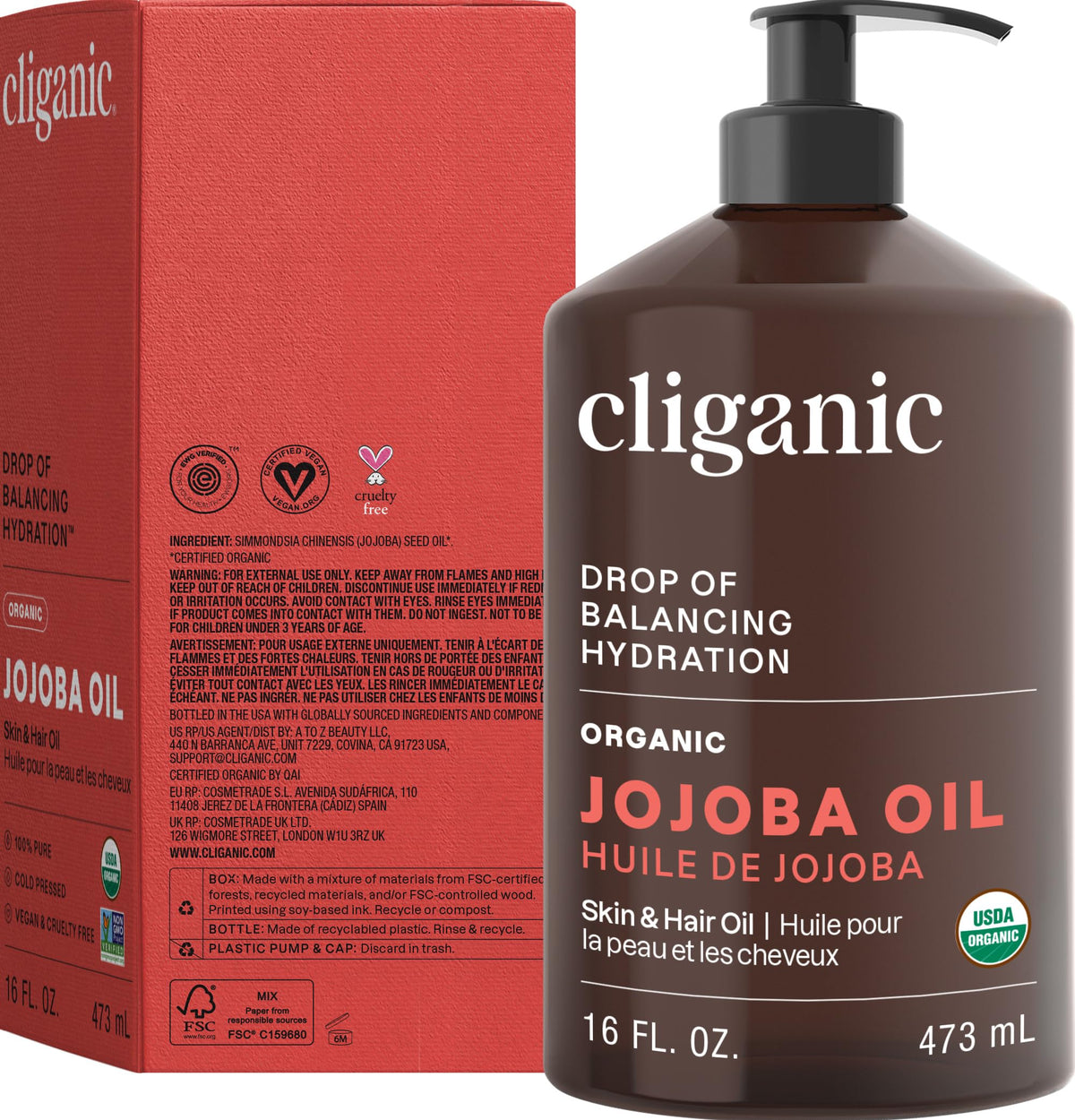 Cliganic ingredient list and organic certificate flatlay showing quality benefit