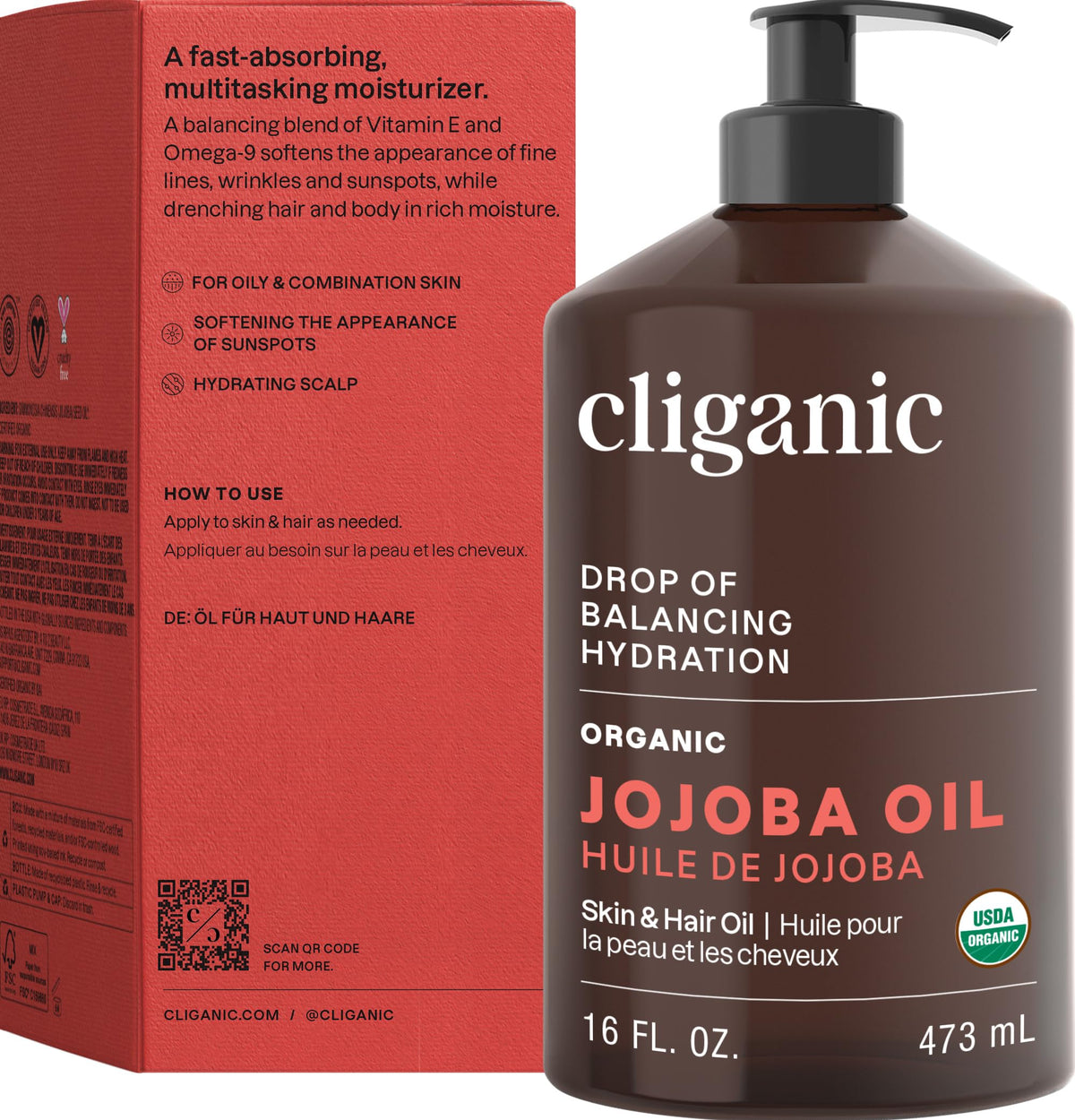 Cliganic bottle staged on bathroom vanity conveying clean-beauty routine benefit