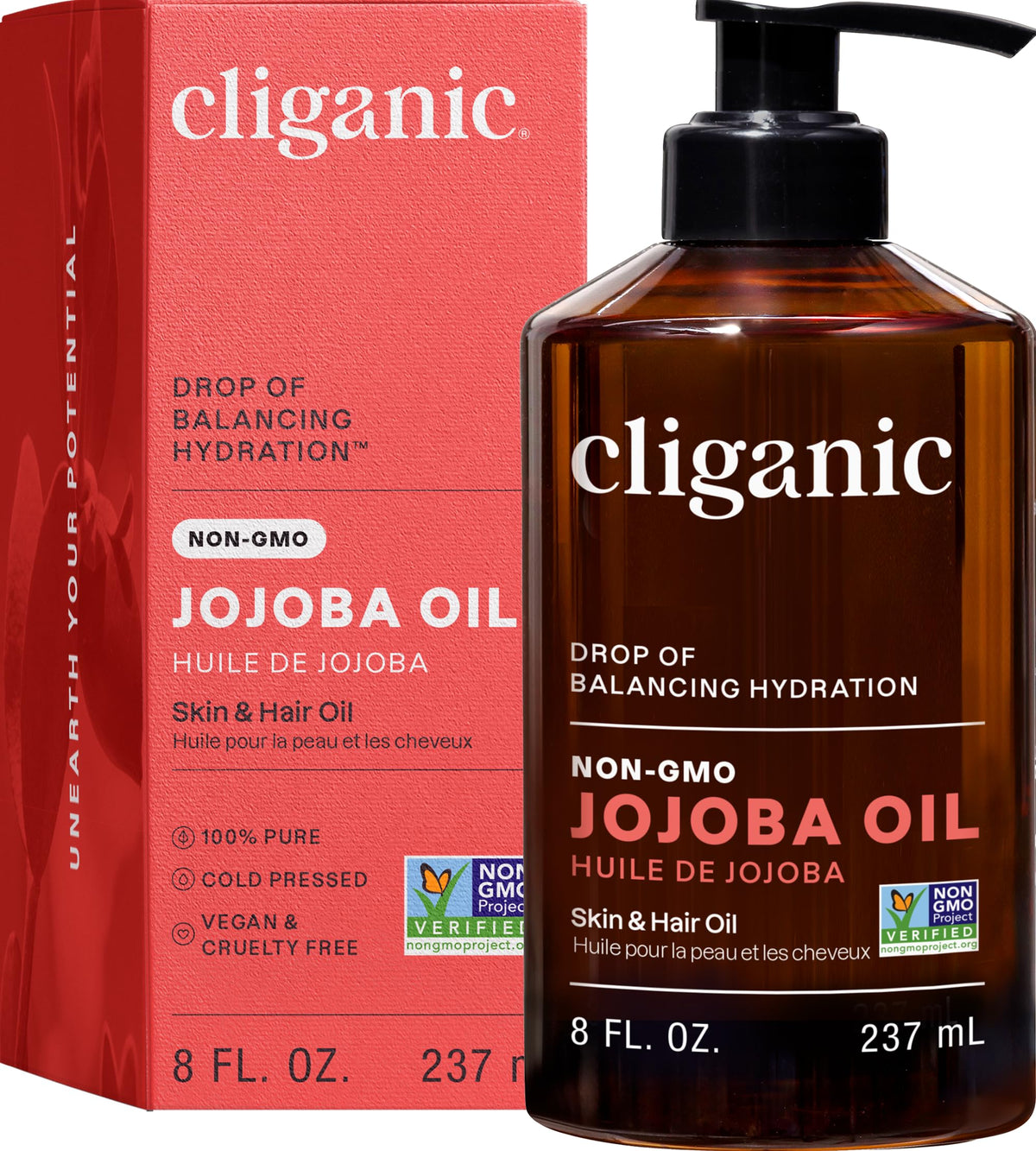 Cliganic jojoba oil 8oz front bottle shows natural, pure product