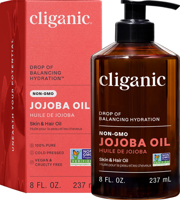 Cliganic jojoba oil 8oz front bottle shows natural, pure product