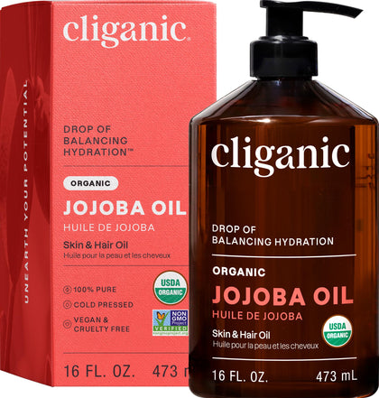 Cliganic bottle front view showing organic jojoba oil and bulk value