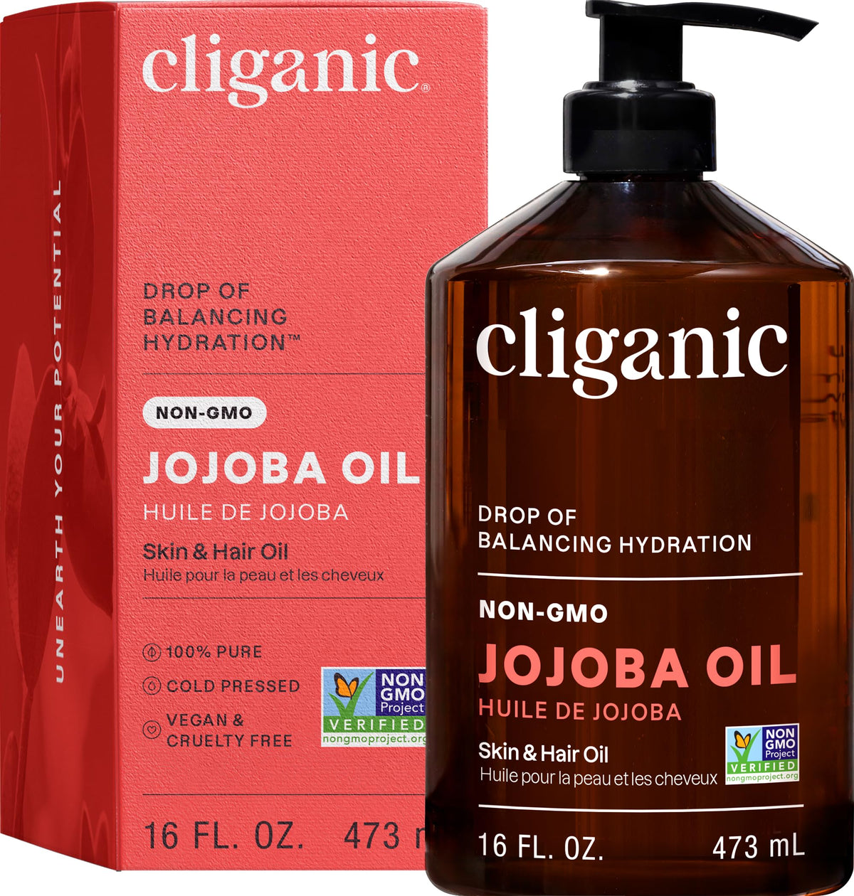 Cliganic front packaging showing 16oz bulk bottle and label benefit