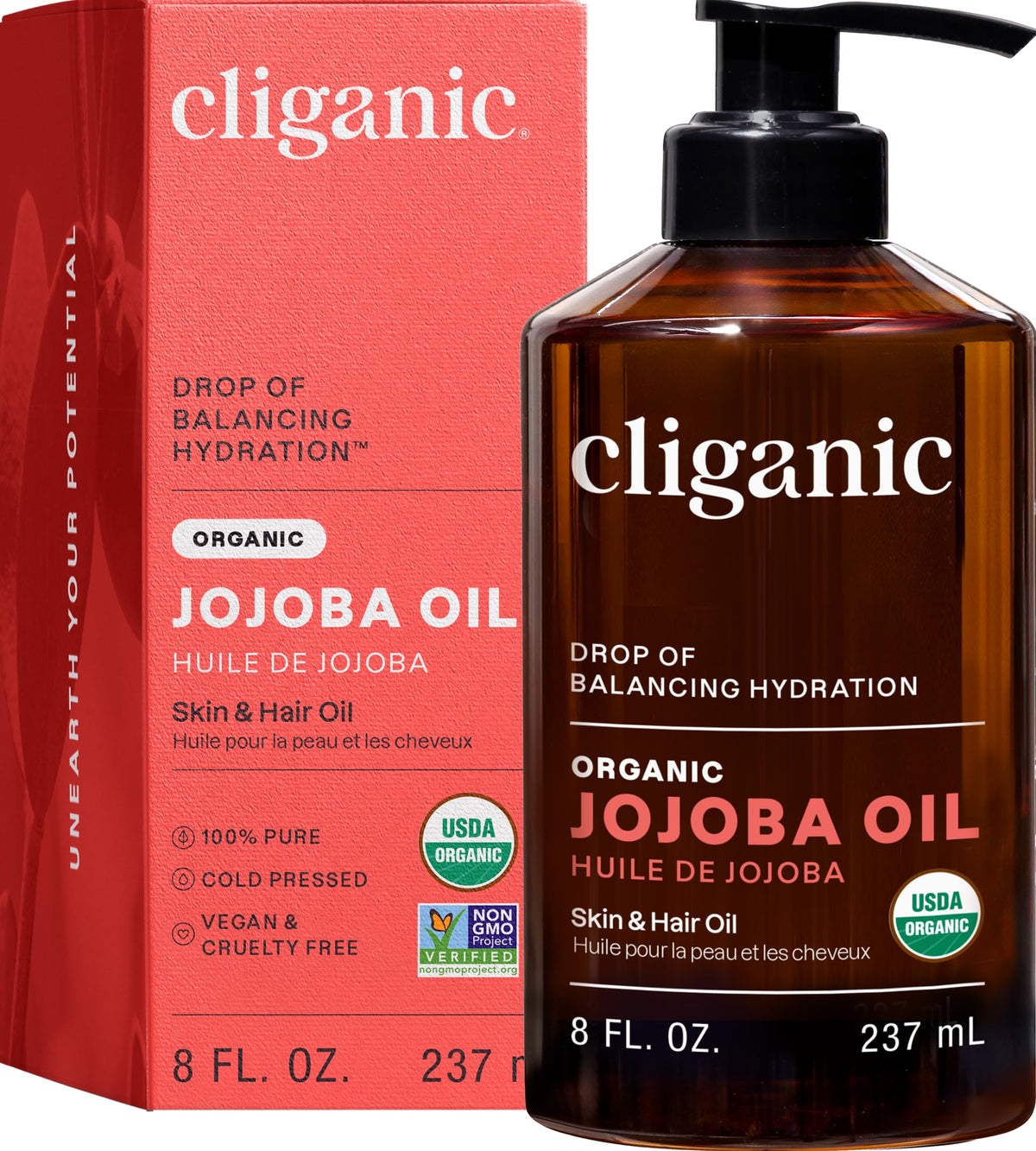 Cliganic jojoba oil front packaging showing organic label and benefits