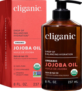 Cliganic jojoba oil front packaging showing organic label and benefits
