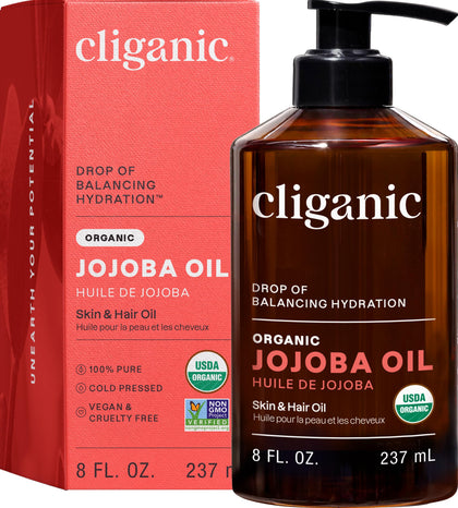 Cliganic jojoba oil front packaging showing organic label and benefits