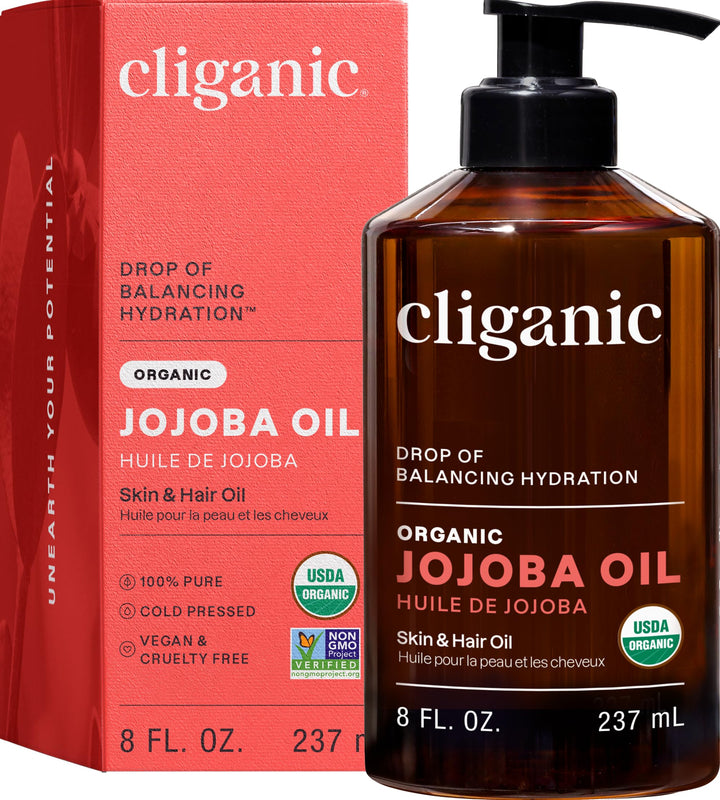 Cliganic jojoba oil front packaging showing organic label and benefits