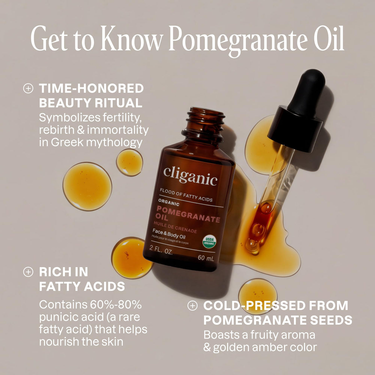 Cliganic dropper dispensing oil highlighting purity and easy application benefit