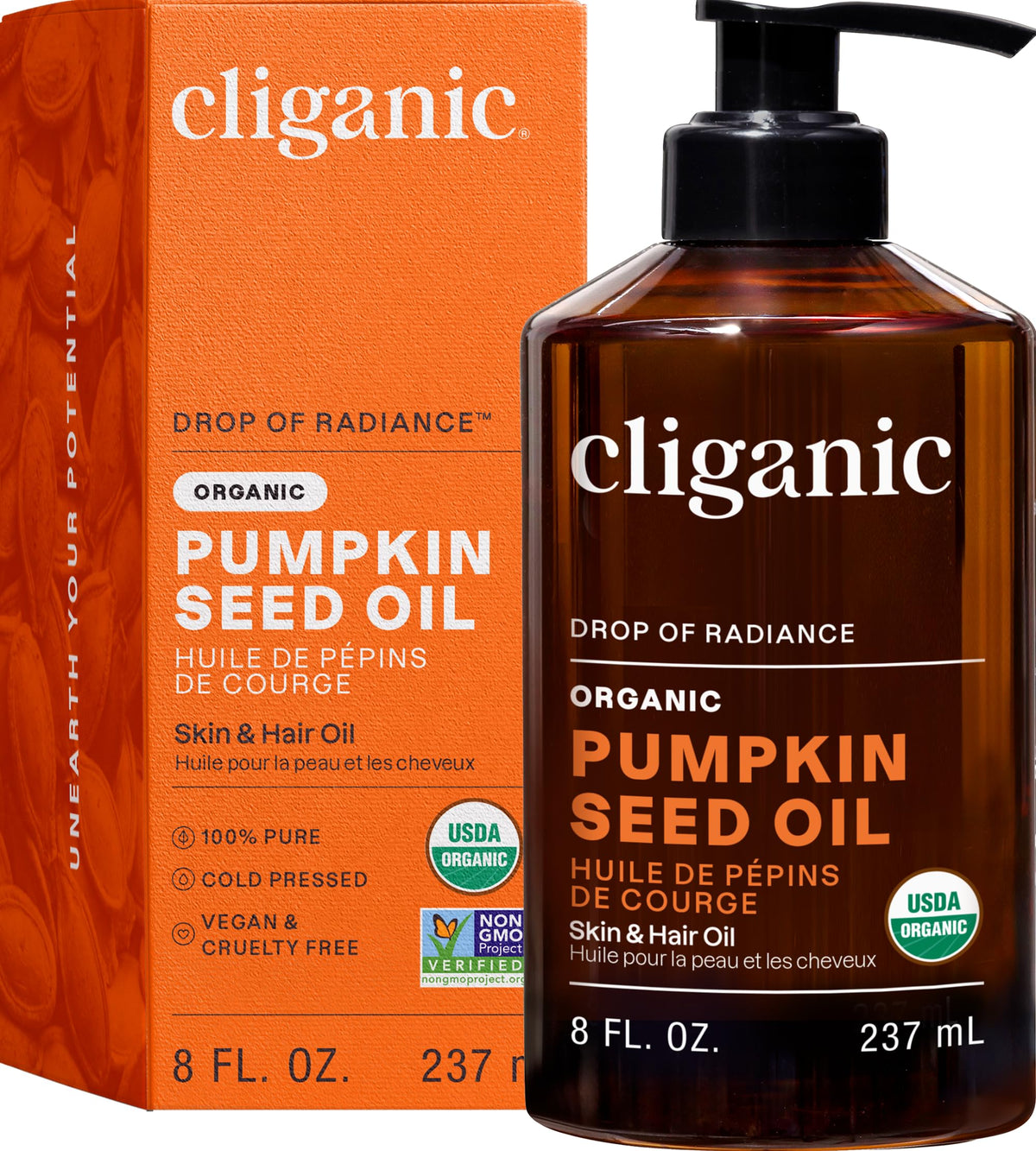 Cliganic bottle front packaging showing organic label and purity benefits