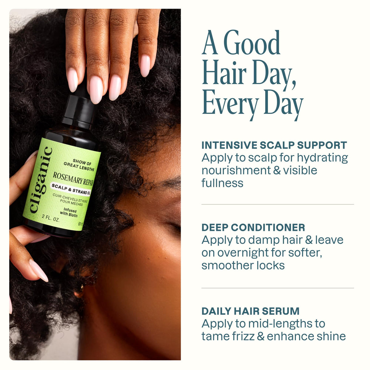 Applying Cliganic oil to scalp for hydration and smoother strands