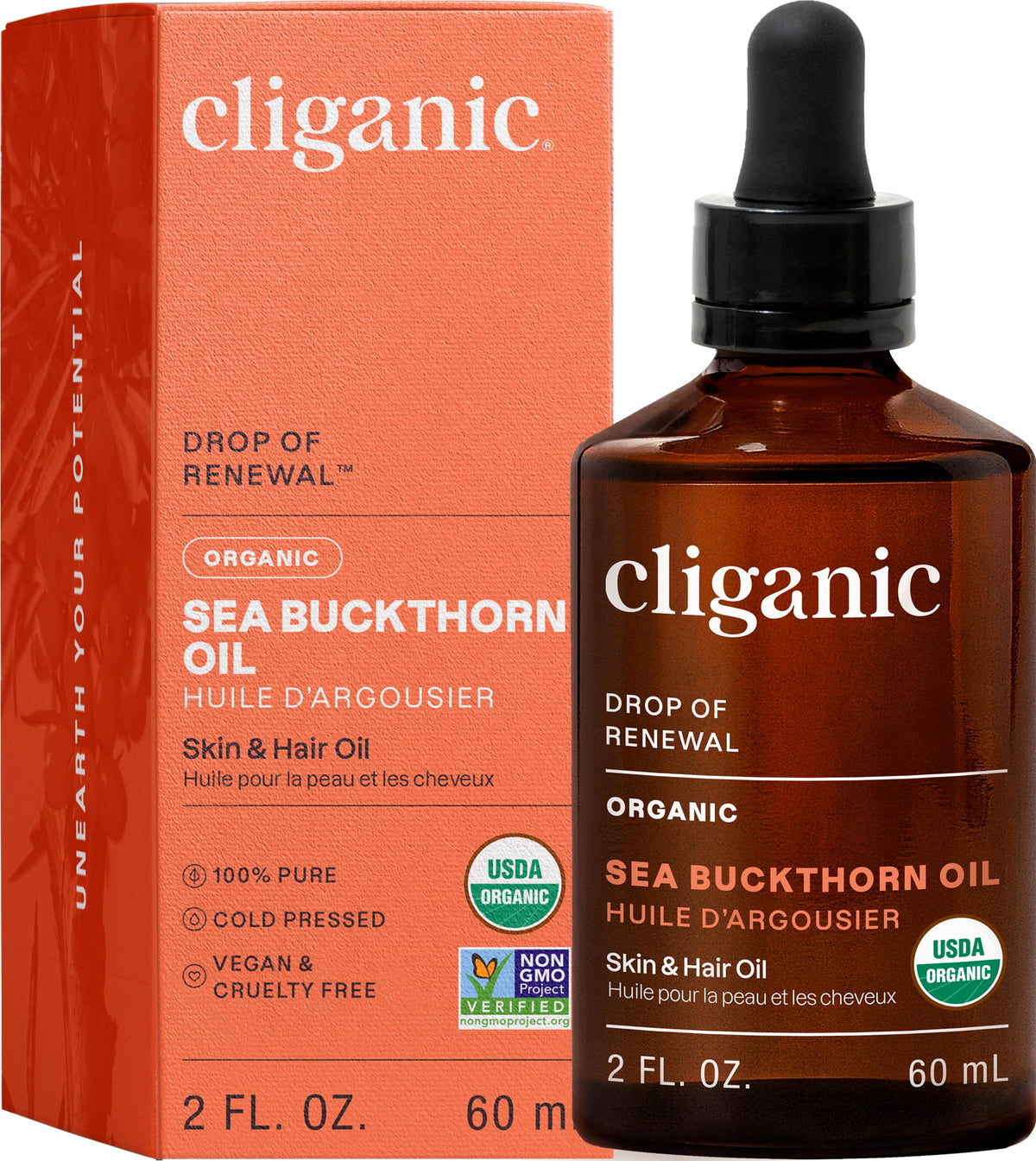 Cliganic bottle front view showing organic sea buckthorn oil for pure skin care
